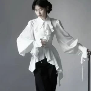 Lolita Gothic Long Sleeve Shirt Women Elegant Simple White All-match Blouses 2025 Early Autumn New Slim Fit Blusas Mujer