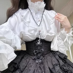 Y2k Gothic Dark Academia Clothes 2025 Early Autumn New Black Lolita Shirt Women Slim Fit Stand Collar Single Breasted Tops